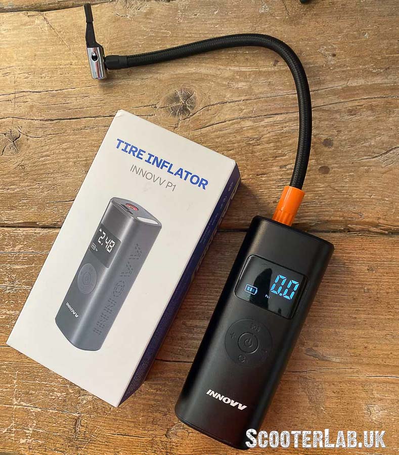 Innovv P1 tyre inflator with the box.